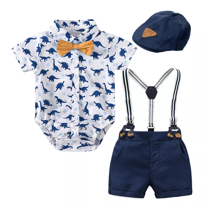 Baby Boy Clothes With Beret Newborn Baby Clothes 0 3 Months Summer Dinosaur Print Jumpsuit + Suspender Cotton Shorts Kid Outfit