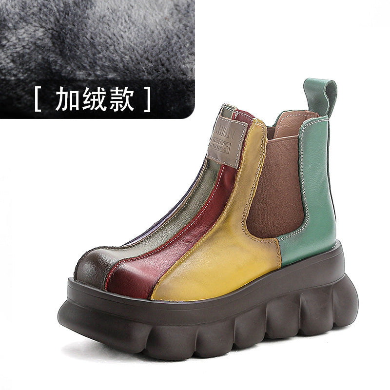 Rainbow Colorblock Wedge Thick-Sole Top-Layer Cowhide Chelsea Boots