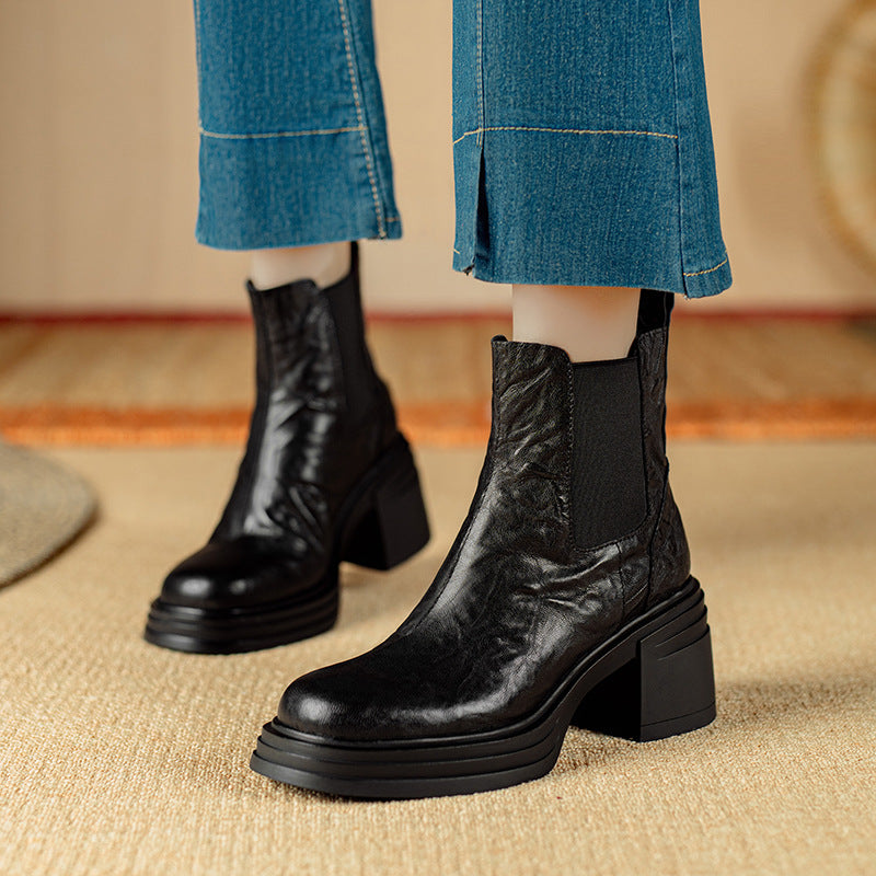 Textured Sheepskin Chunky-Heel Platform Elastic Chelsea Boots