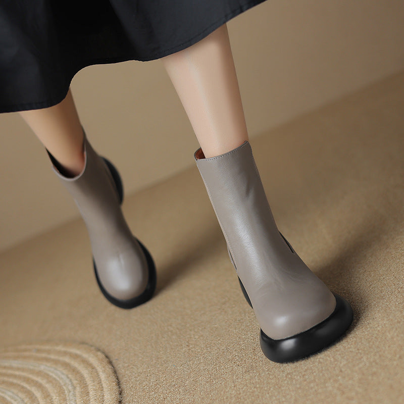 Round-Toe Platform Cowhide Elastic Chelsea Boots