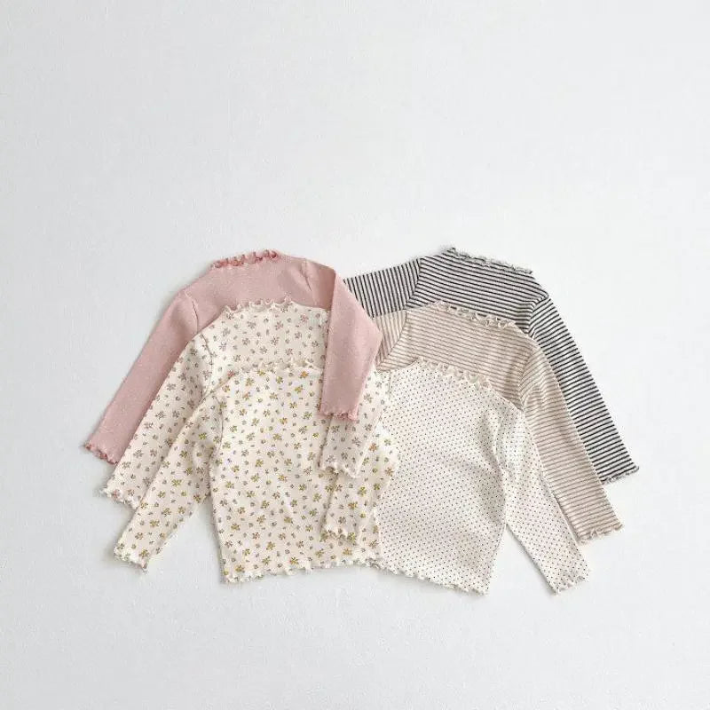 MiniAinis Autumn Winter Baby Wood Ear Edge Long Sleeve T-shirt Girls Cotton Ski Suit Girl Underlay Versatile Top Kids Clothes