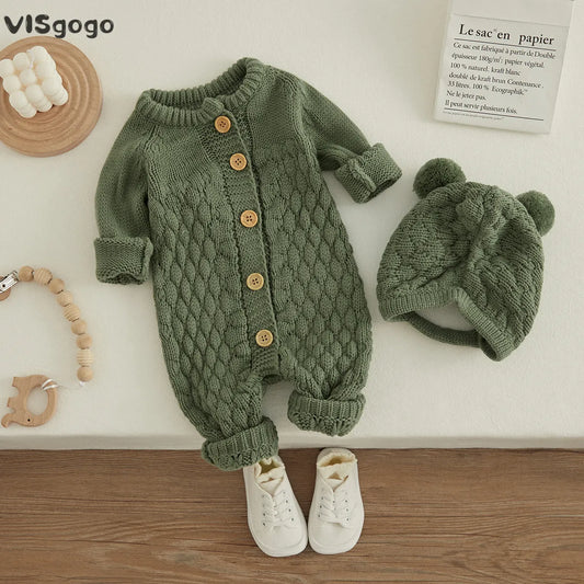VISgogo Baby 2PCS Winter Jumpsuit Outfits Infant Boys Girls Clothes Long Sleeve Solid Color Knitted Romper + Bear Hat Set