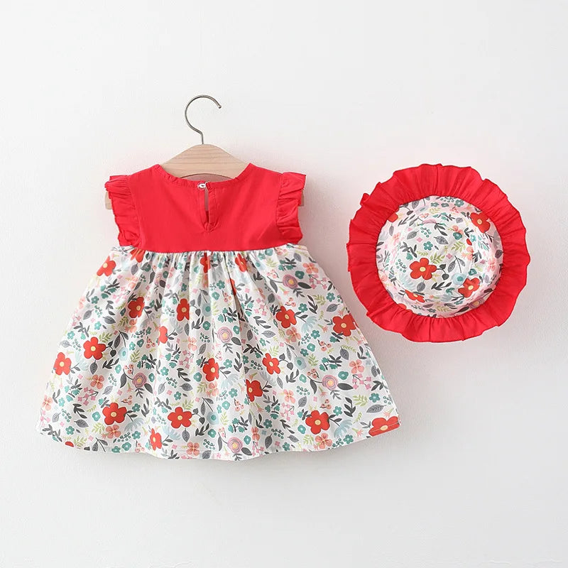 2Piece Set Summer Toddler Dresses For Girls Korean Fashion Flowers Sleeveless Beach Princess Dress+Hat Baby Clothes Outfit BC140