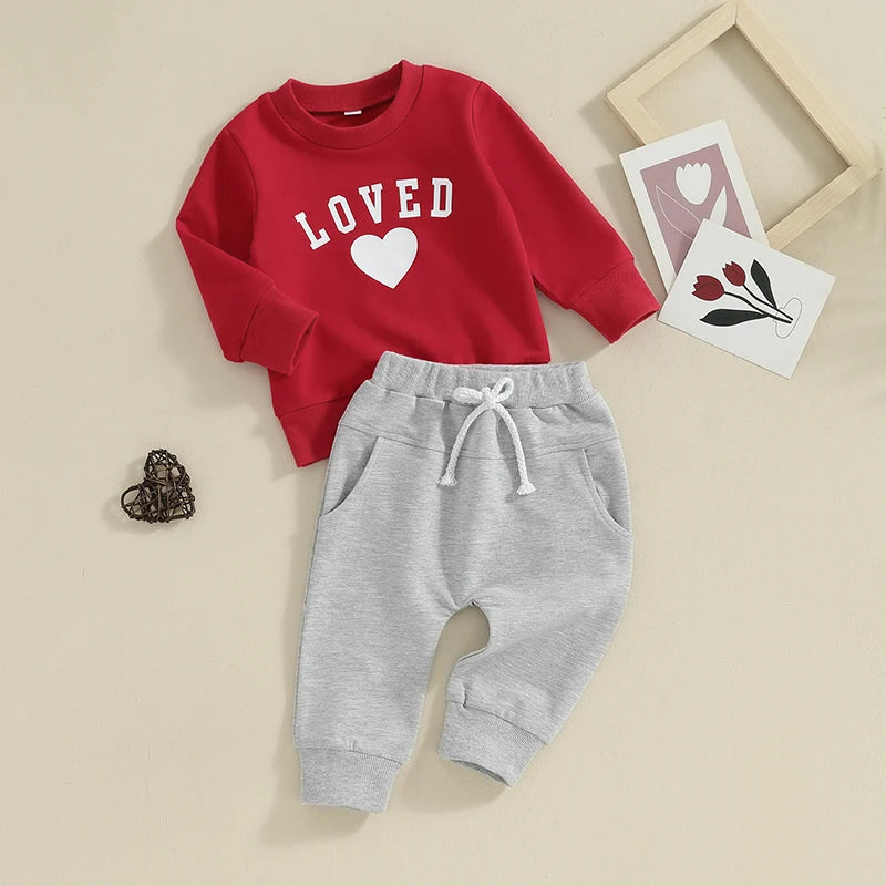 Lioraitiin Toddler Boys Valentine's Day Outfits Heart Letter Print Long Sleeve Sweatshirts and Long Pants Clothes Set