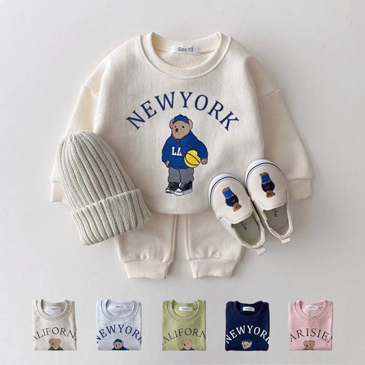 Korea 2023 Baby Boys Clothes Sets Letter Bear Girls Long Sleeve Casual Hoodie Sweatshirt+Pants 2pcs Kids Clothes Sports Suit New