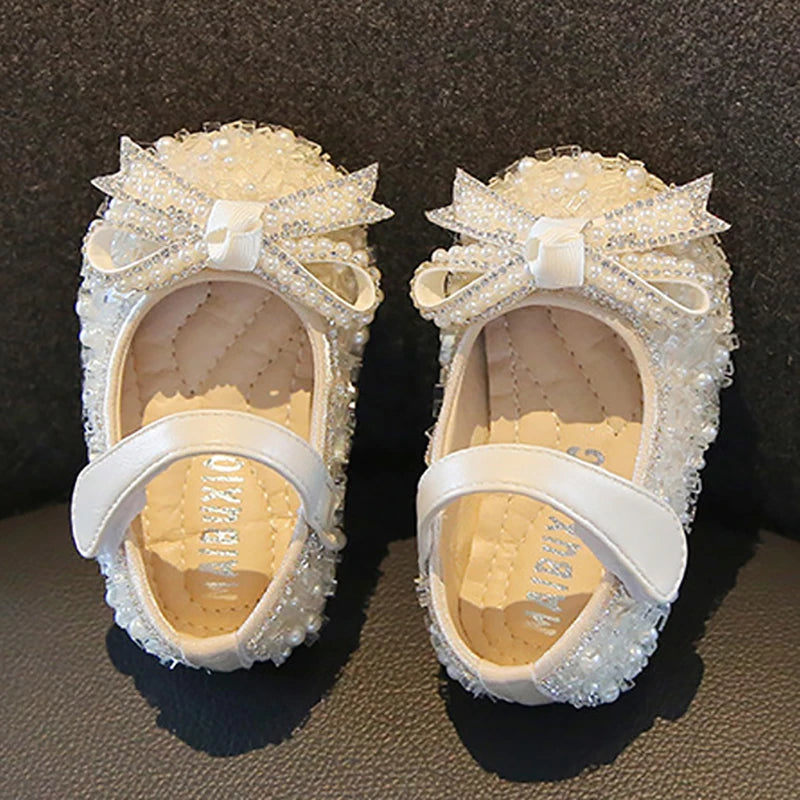 First Walker Baby Shoes Girl Bowknot Single Shoes Pearl Birthday Present Princess Little Girl Shoes Baby Kids Wedding Shoes