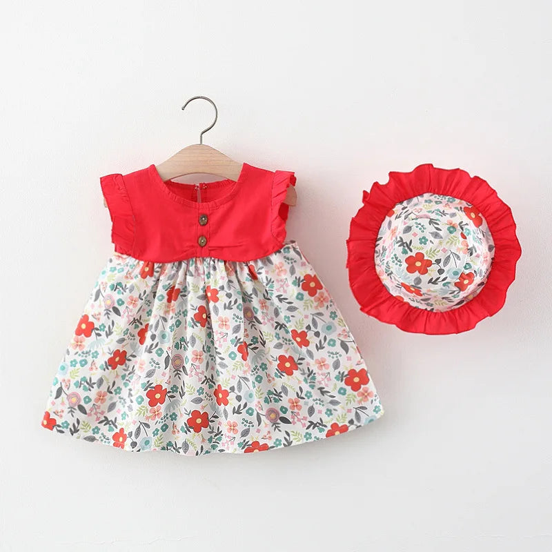2Piece Set Summer Toddler Dresses For Girls Korean Fashion Flowers Sleeveless Beach Princess Dress+Hat Baby Clothes Outfit BC140