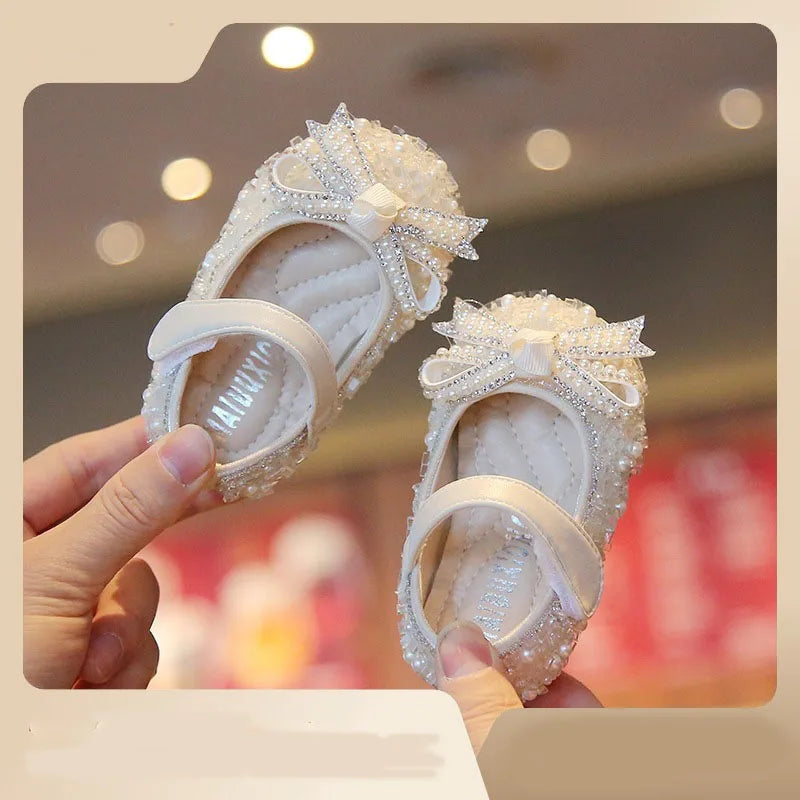 First Walker Baby Shoes Girl Bowknot Single Shoes Pearl Birthday Present Princess Little Girl Shoes Baby Kids Wedding Shoes