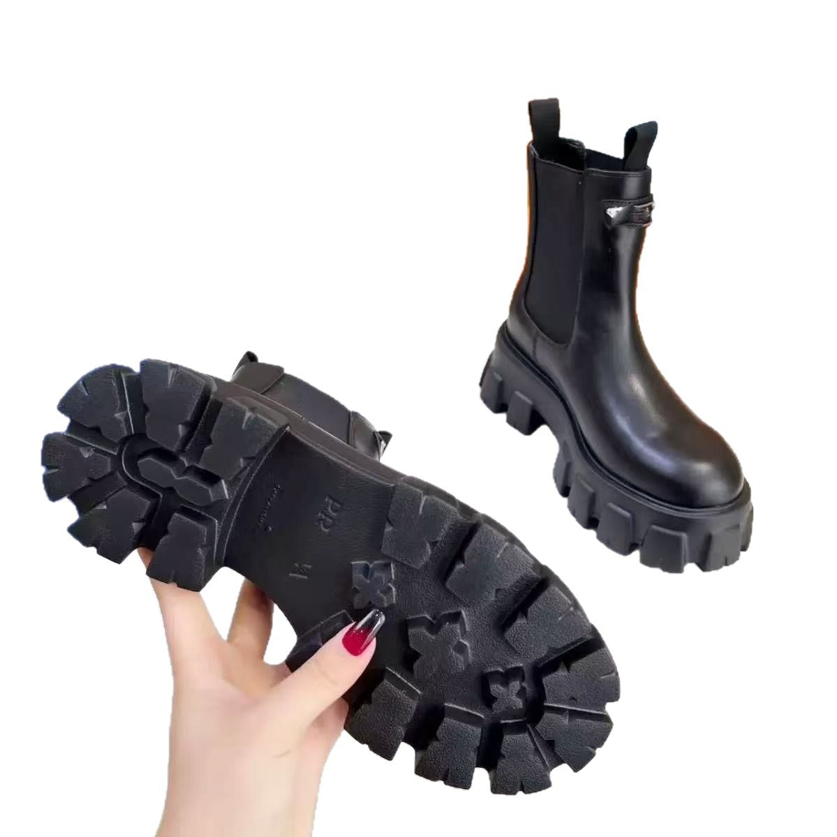 Gear-Sole Cowhide Elastic Platform Chelsea Boots