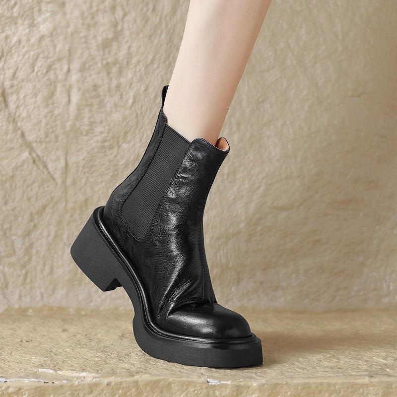 Vintage Goatskin Thick-Sole Chunky-Heel Elastic Chelsea Boots