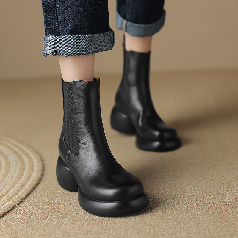 Round-Toe Platform Cowhide Elastic Chelsea Boots