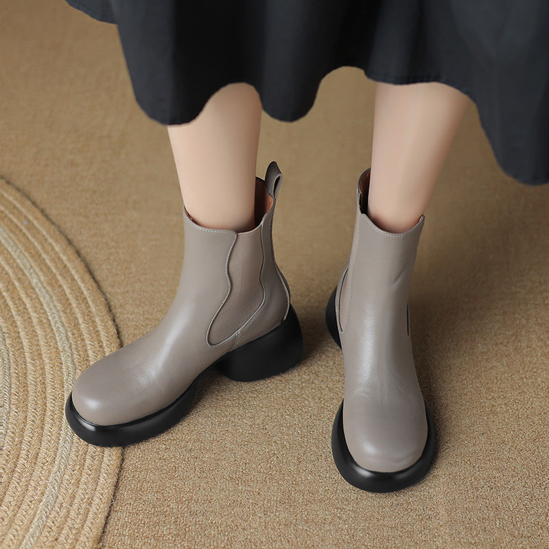 Round-Toe Platform Cowhide Elastic Chelsea Boots