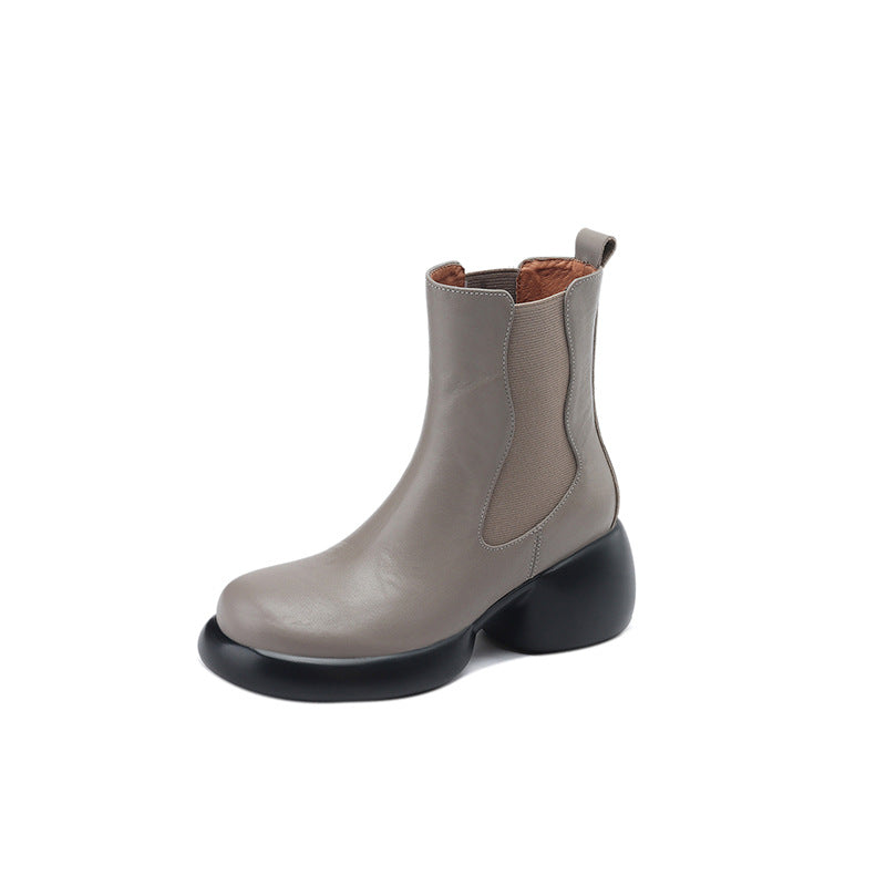 Round-Toe Platform Cowhide Elastic Chelsea Boots