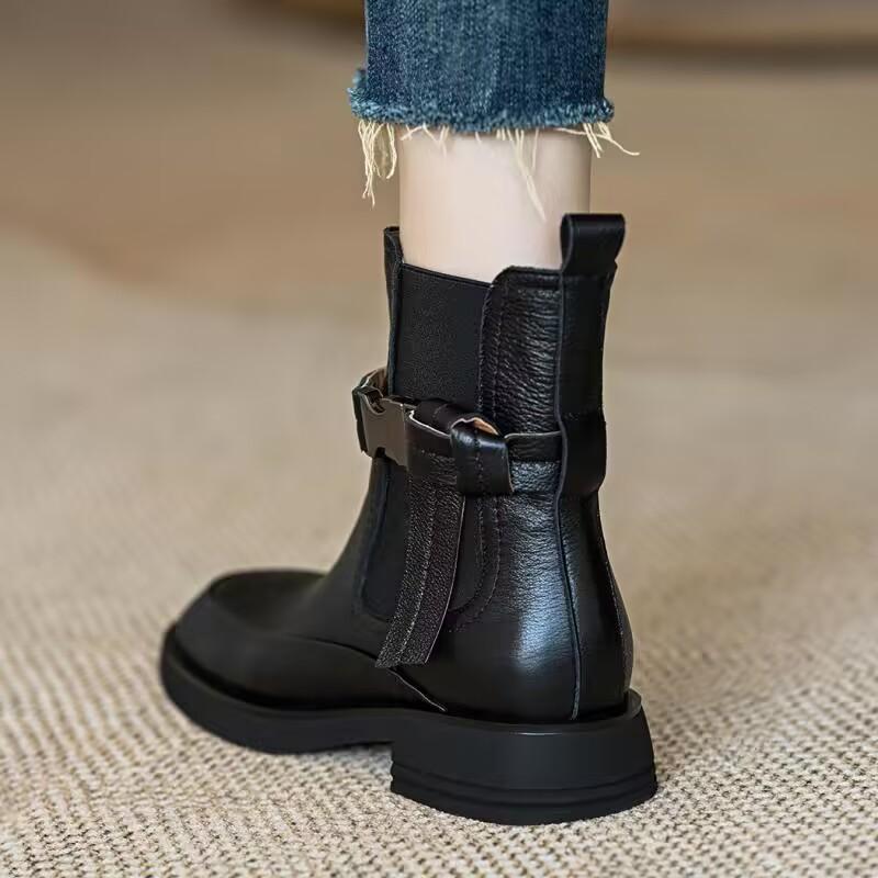 Retro Thick-Sole Chunky-Heel Elastic Genuine Leather Chelsea Boots