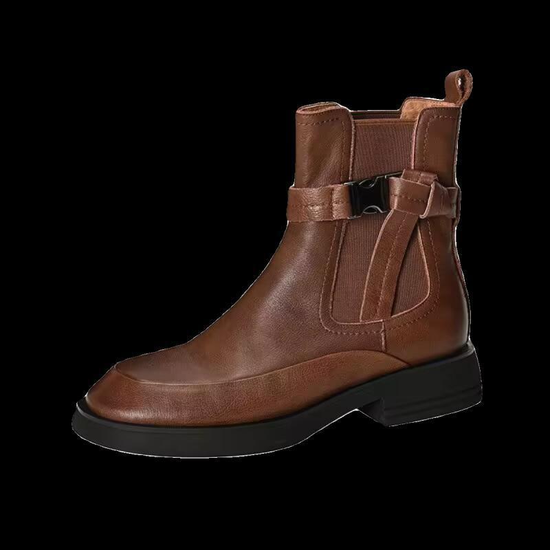 Retro Thick-Sole Chunky-Heel Elastic Genuine Leather Chelsea Boots