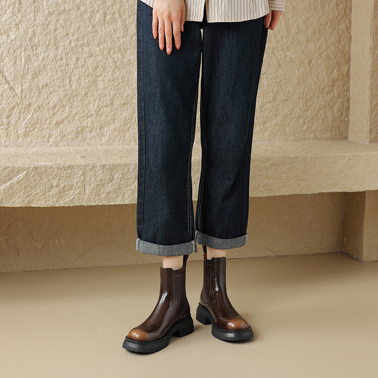 Wedge Platform Elastic Cowhide Chelsea Boots