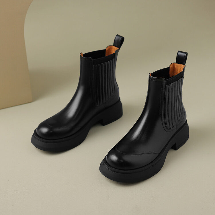 Wedge Platform Elastic Cowhide Chelsea Boots