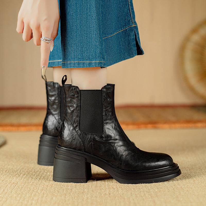 Textured Sheepskin Chunky-Heel Platform Elastic Chelsea Boots
