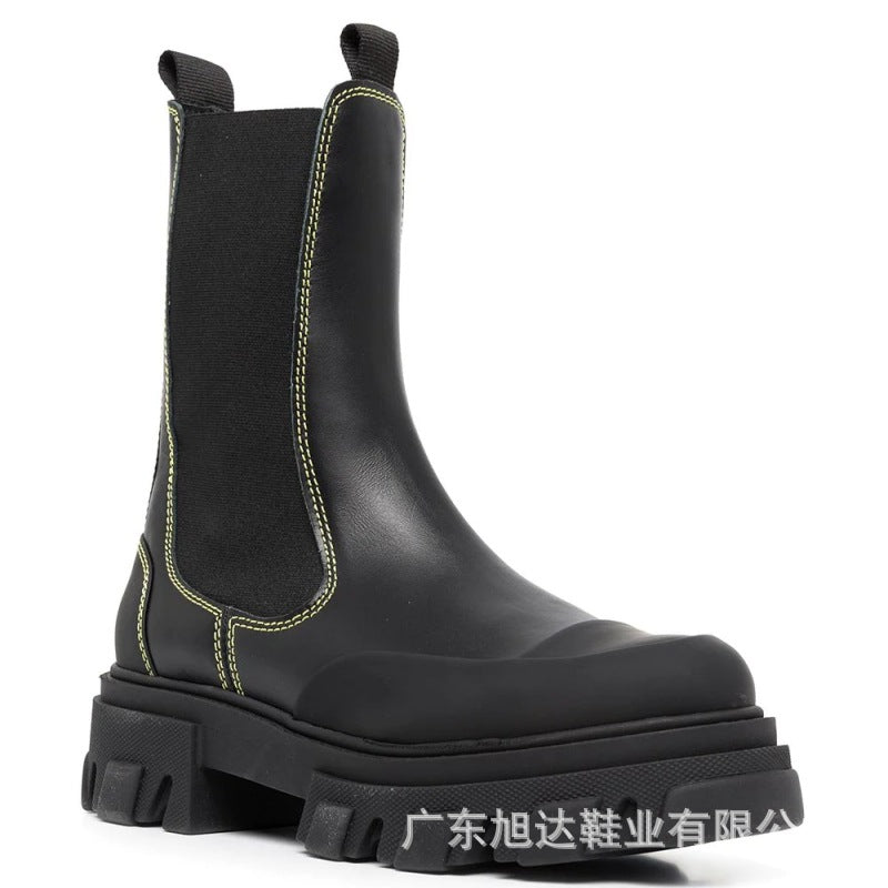 Bump-Sole Elastic Platform Genuine Leather Chelsea Boots