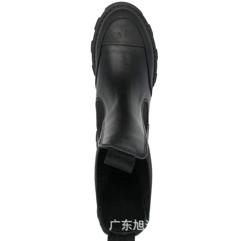 Bump-Sole Elastic Platform Genuine Leather Chelsea Boots