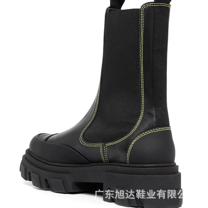 Bump-Sole Elastic Platform Genuine Leather Chelsea Boots