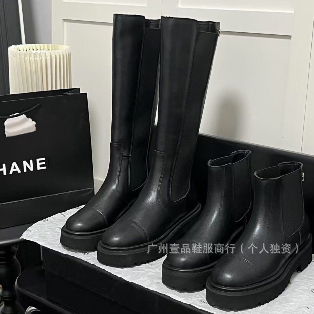 Lug-Sole Elastic Platform Genuine Leather Chelsea Boots