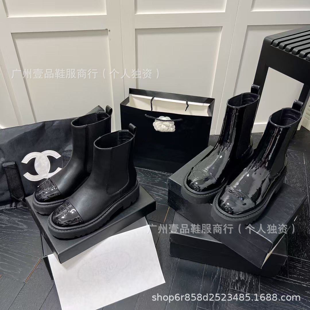 Lug-Sole Elastic Platform Genuine Leather Chelsea Boots