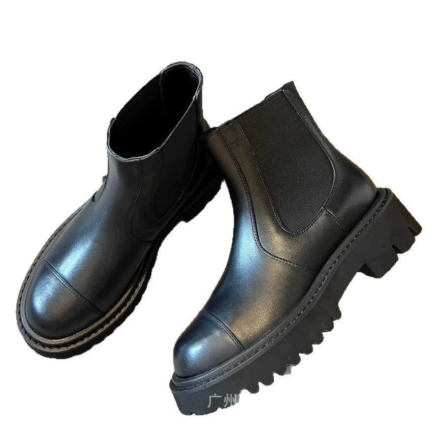Lug-Sole Elastic Platform Genuine Leather Chelsea Boots