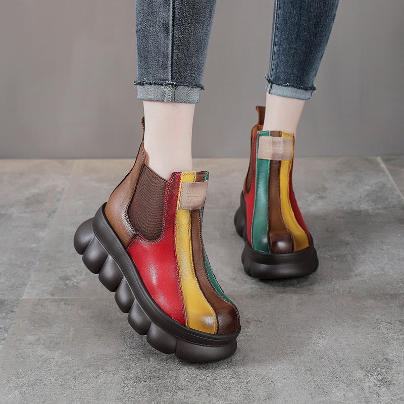 Rainbow Colorblock Wedge Thick-Sole Top-Layer Cowhide Chelsea Boots