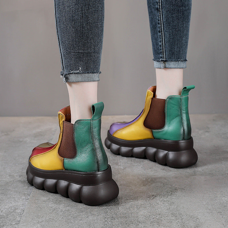 Rainbow Colorblock Wedge Thick-Sole Top-Layer Cowhide Chelsea Boots
