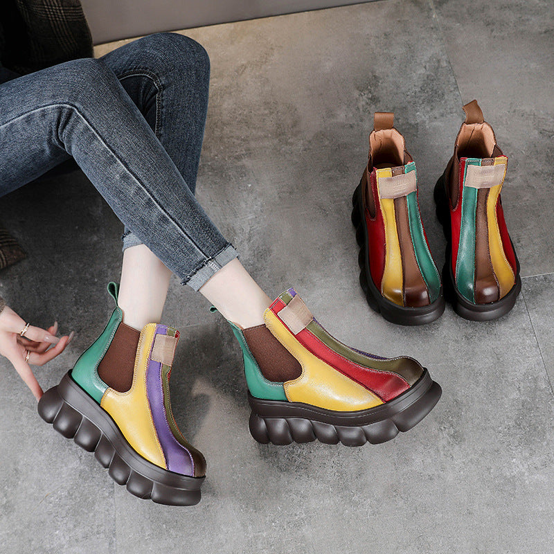 Rainbow Colorblock Wedge Thick-Sole Top-Layer Cowhide Chelsea Boots