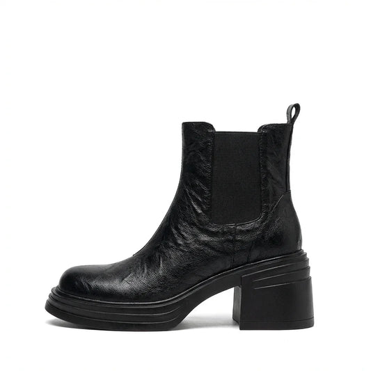 Round-Toe Platform Cowhide Elastic Chelsea Boots