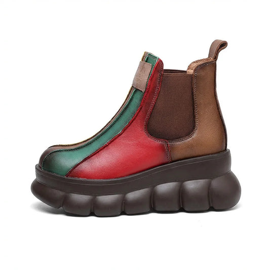 Rainbow Colorblock Wedge Thick-Sole Top-Layer Cowhide Chelsea Boots