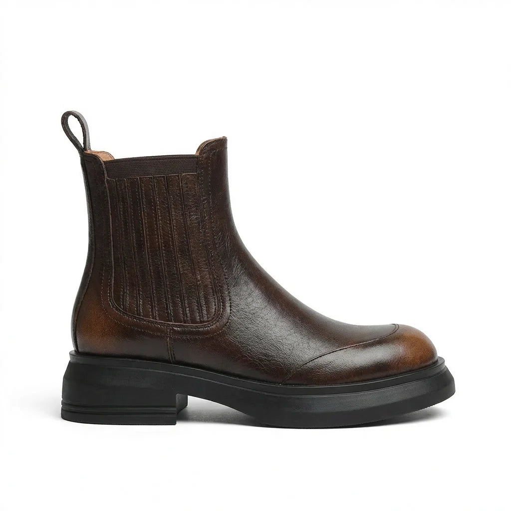 Bump-Sole Elastic Platform Genuine Leather Chelsea Boots