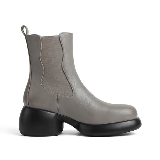 Retro Thick-Sole Chunky-Heel Elastic Genuine Leather Chelsea Boots