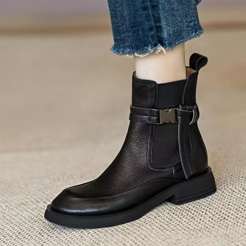 Retro Thick-Sole Chunky-Heel Elastic Genuine Leather Chelsea Boots
