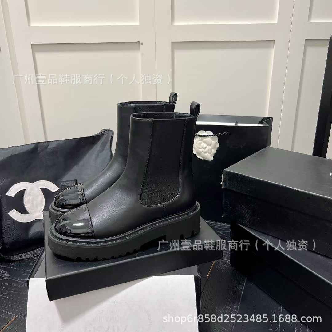 Lug-Sole Elastic Platform Genuine Leather Chelsea Boots
