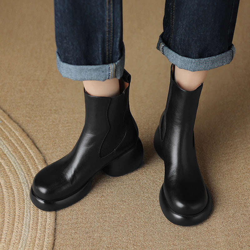 Round-Toe Platform Cowhide Elastic Chelsea Boots