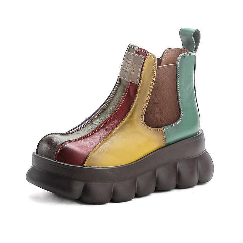 Rainbow Colorblock Wedge Thick-Sole Top-Layer Cowhide Chelsea Boots