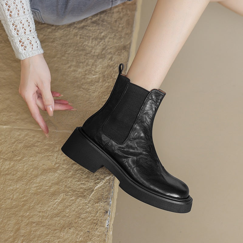 Vintage Goatskin Thick-Sole Chunky-Heel Elastic Chelsea Boots