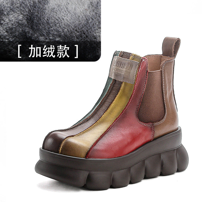 Rainbow Colorblock Wedge Thick-Sole Top-Layer Cowhide Chelsea Boots