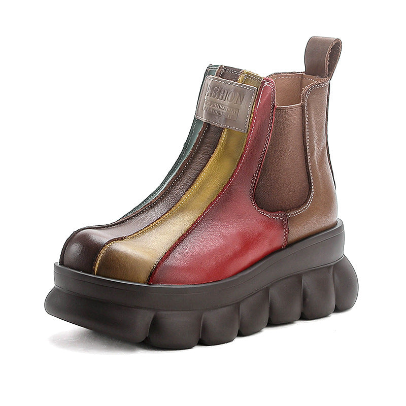 Rainbow Colorblock Wedge Thick-Sole Top-Layer Cowhide Chelsea Boots