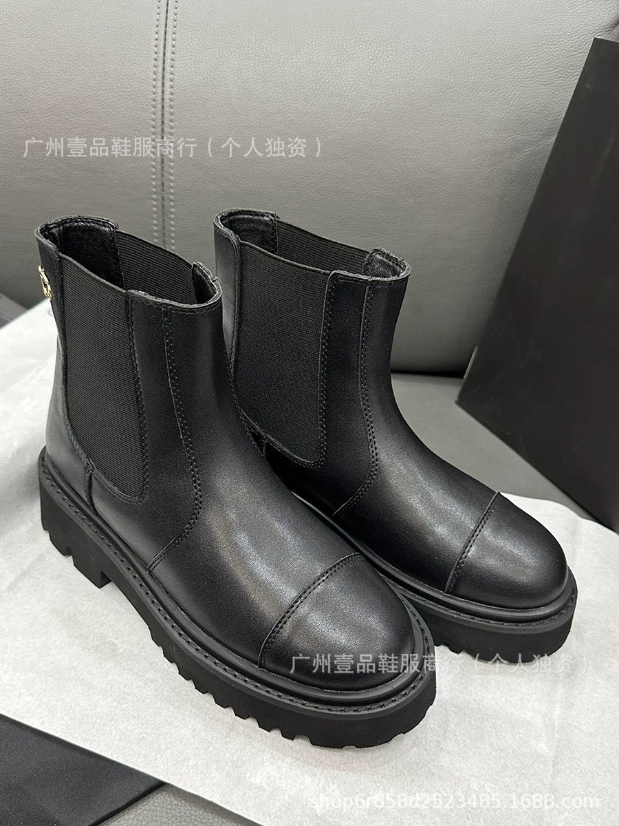 Lug-Sole Elastic Platform Genuine Leather Chelsea Boots