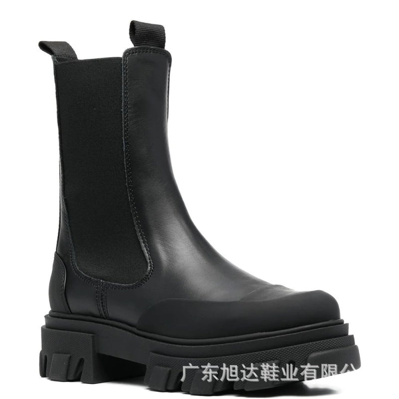 Bump-Sole Elastic Platform Genuine Leather Chelsea Boots
