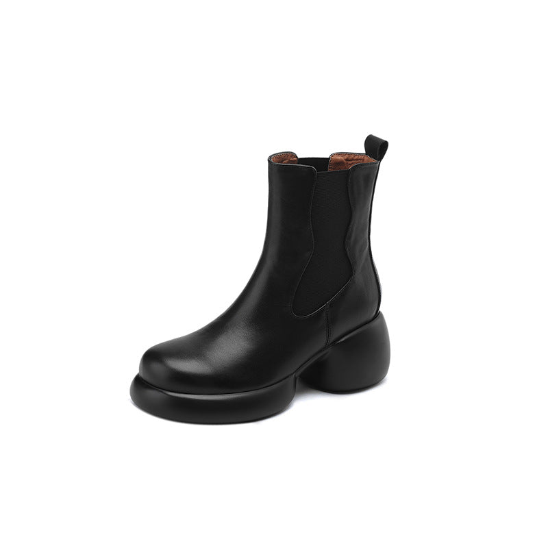 Round-Toe Platform Cowhide Elastic Chelsea Boots