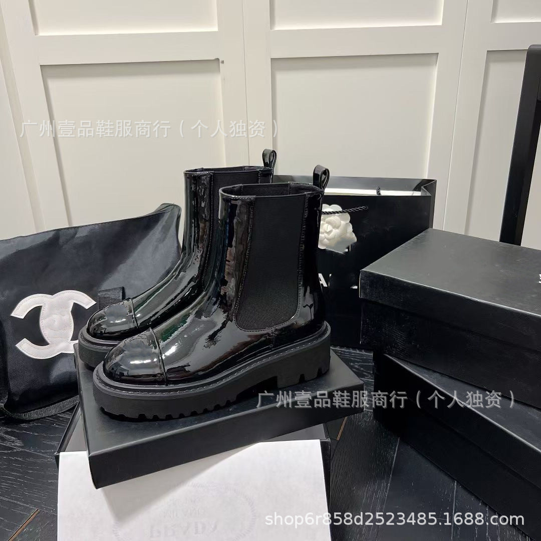 Lug-Sole Elastic Platform Genuine Leather Chelsea Boots
