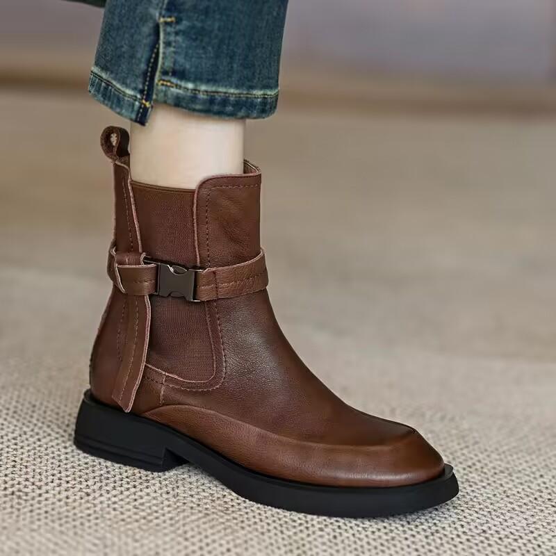 Retro Thick-Sole Chunky-Heel Elastic Genuine Leather Chelsea Boots