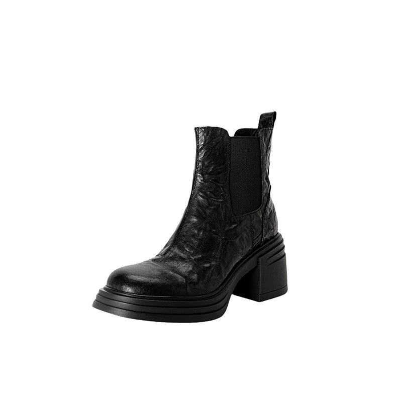 Textured Sheepskin Chunky-Heel Platform Elastic Chelsea Boots