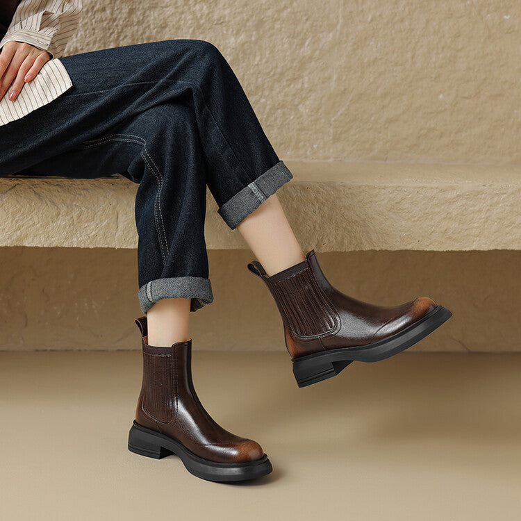 Wedge Platform Elastic Cowhide Chelsea Boots
