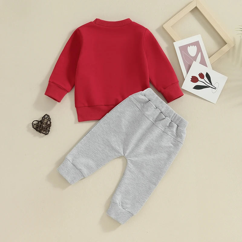 Lioraitiin Toddler Boys Valentine's Day Outfits Heart Letter Print Long Sleeve Sweatshirts and Long Pants Clothes Set